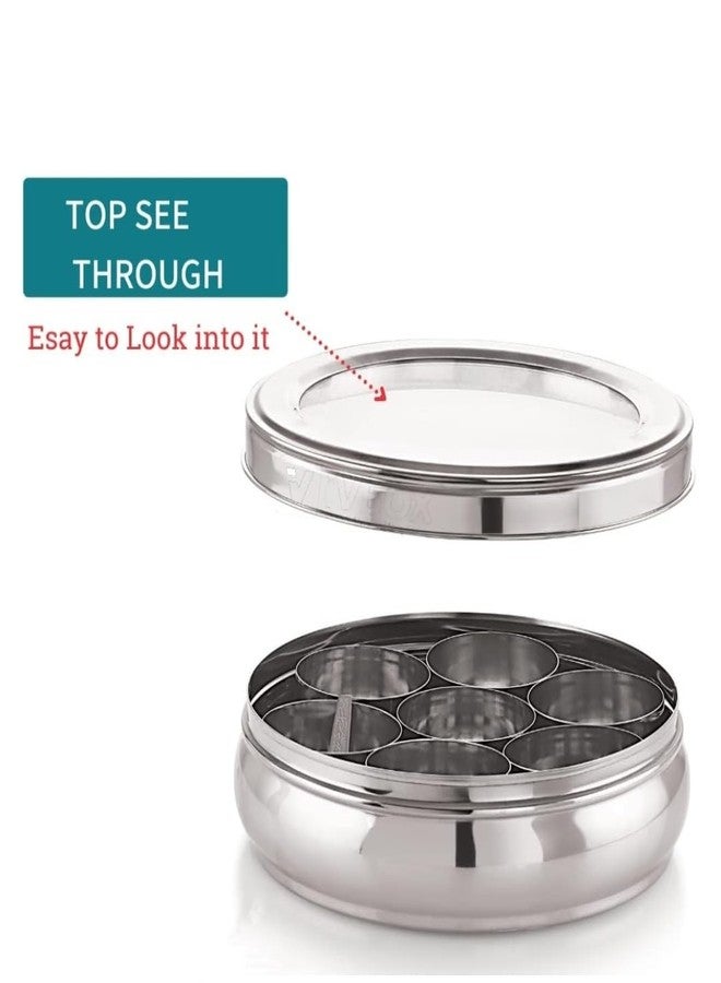 DARAZ علبة توابل ماسالا من داراز على شكل بطن من الفولاذ المقاوم للصدأ مع غطاء شفاف و7 حاويات وملعقة صغيرة (متوسطة الحجم). - Image 2